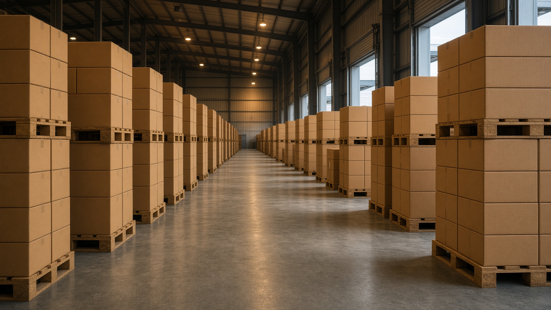 Pallets of kraft corrugated boxes in a mill warehouse